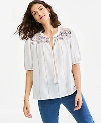 Style & Co Women's Striped Smocked Elbow-Sleeve Cotton-Linen Blend Top, Macy's Exclusive
