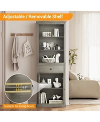 homfan Tall Mid-Century Pantry Cabinet with Open Shelves, Drawer and Glass Door Cabinet, Barn Door Design, Engineered Wood, Slim Space-Saving Storage