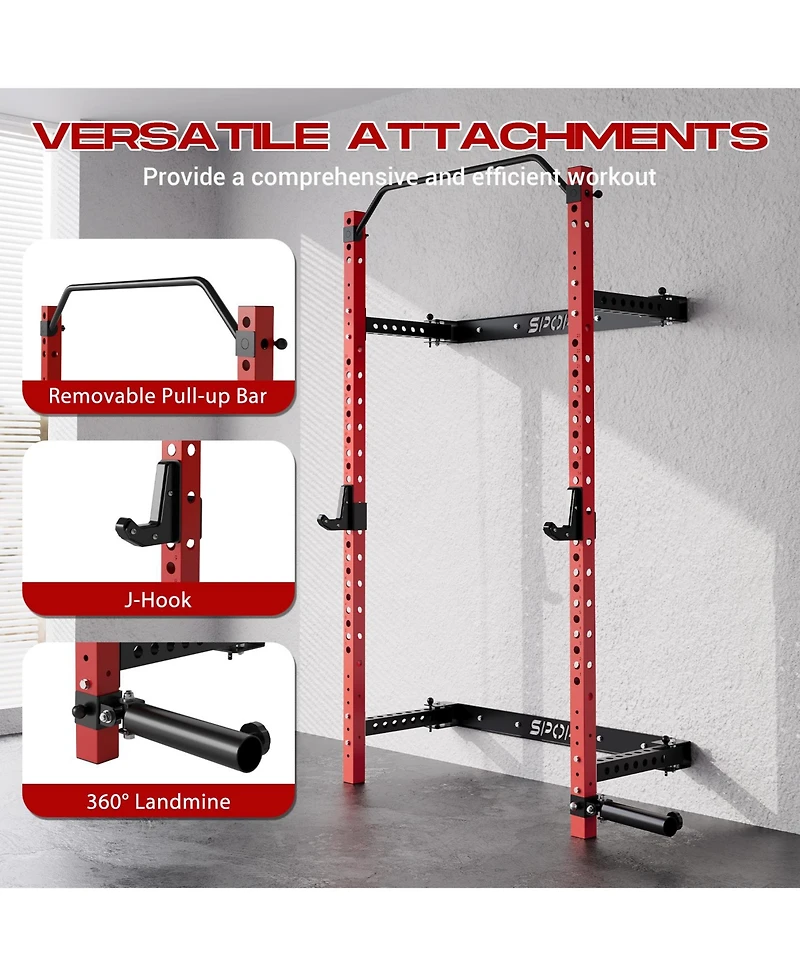 homfan 89" Wall-Mounted Folding Squat Rack with Spotter Arms, Home Gym Power Rack for Bench Press Pull Ups Exercise