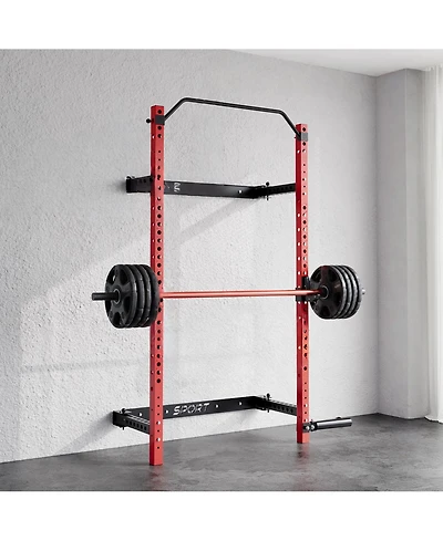 homfan 89" Wall-Mounted Folding Squat Rack with Spotter Arms, Home Gym Power Rack for Bench Press Pull Ups Exercise