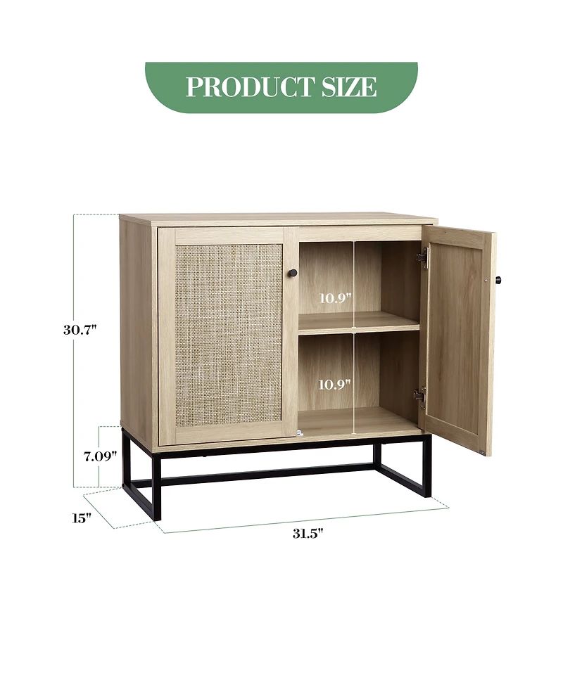 homfan Rattan Double Door Storage Cabinet, Boho Accent Cabinet with Shelves for Living Room Entryway Dining Room