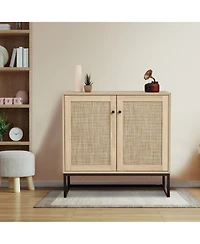 homfan Rattan Double Door Storage Cabinet, Boho Accent Cabinet with Shelves for Living Room Entryway Dining Room