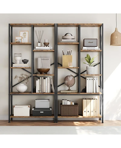 Industrial 5-Tier Bookshelf - Rustic Wood and Metal Bookcase with Spacious Open Shelves, Farmhouse Standing Storage Rack for Living Room, Bedroom
