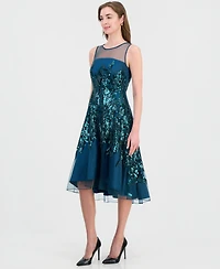 Tahari Asl Women's Illusion and Sequin Midi Boat-Neck Sleeveless Dress