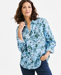 Style & Co Women's Jacquard Popover Floral V-Neck Long-Sleeve Blouse, Macy's Exclusive