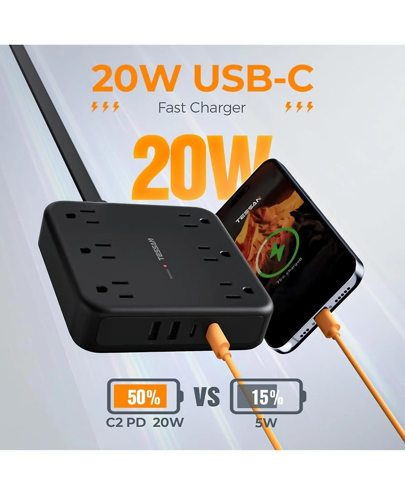 Tessan Extension Cord with Fast Charger, Surge Protector Power Strip with 6 Outlets and 4 Usb Ports (2 Usb C), 2100 Joules Protection, Flat Plug