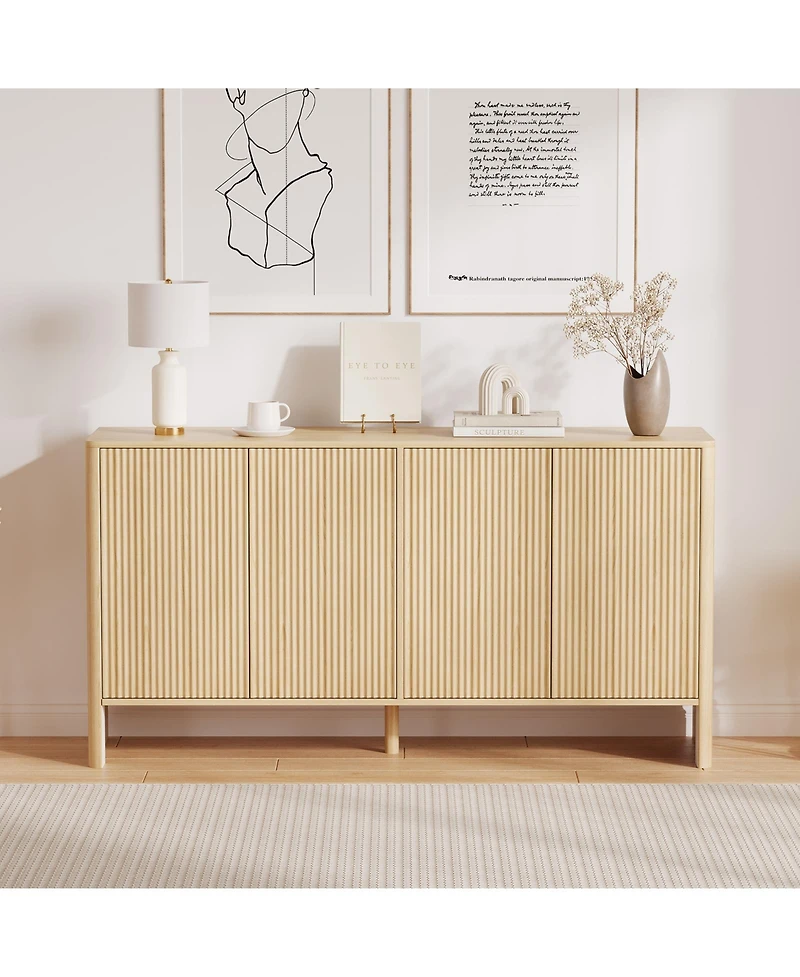 homfan Modern Fluted Credenza, Wide Sideboard Buffet with 4 Fluted Doors and Adjustable Shelves for Multi-Room Organization
