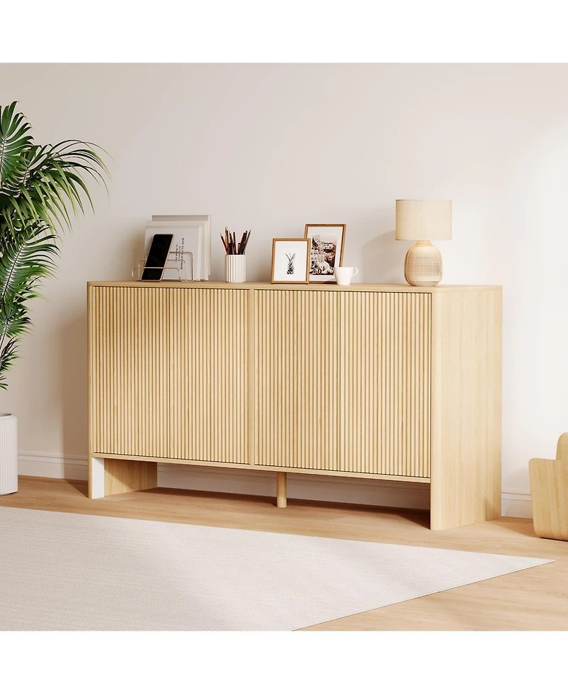 homfan Modern Fluted Credenza, Wide Sideboard Buffet with 4 Fluted Doors and Adjustable Shelves for Multi-Room Organization