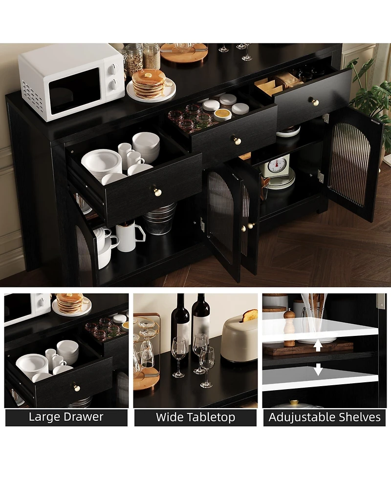 homfan Farmhouse Wooden Buffet Cabinet, Narrow Storage Coffee Bar with 3 Drawers and 4 Doors for Kitchen and Dining Room