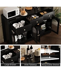 homfan Farmhouse Wooden Buffet Cabinet, Narrow Storage Coffee Bar with 3 Drawers and 4 Doors for Kitchen and Dining Room