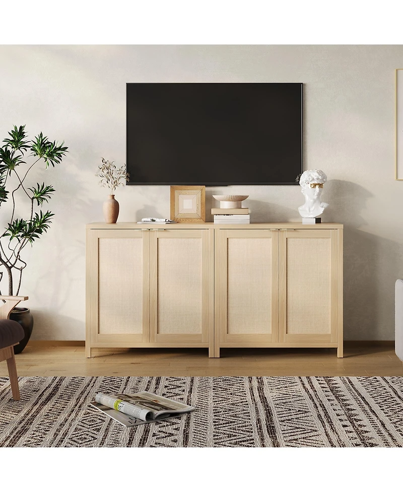 homfan Modern Rattan Storage Cabinet, 2 Doors, Adjustable Shelves, Hidden Gold Handles, Freestanding Entryway Sideboard for Kitchen, Dining Room
