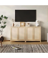 homfan Modern Rattan Storage Cabinet, 2 Doors, Adjustable Shelves, Hidden Gold Handles, Freestanding Entryway Sideboard for Kitchen, Dining Room