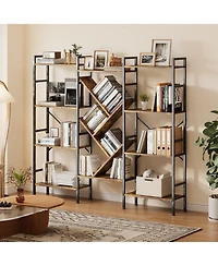 homfan Triple-Wide Tree-Shaped Open Bookshelf, Carbon Steel Frame Rustic Storage Display Rack, Easy Assembly Multi-Purpose Home Office Organizer