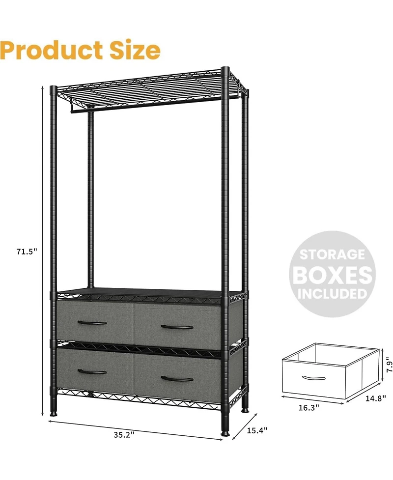 homfan 4 Tier Storage Shelf, Metal Shelving Unit with Drawers and Adjustable Shelves for Bedroom or Entryway