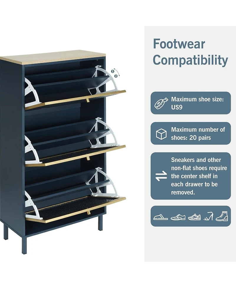 Rainsken Rattan Shoe Cabinet, Freestanding Shoe Rack with 3 Flip Drawers and Metal Legs, Shoe Storage Organizer for Entrance, Entryway and Hallway