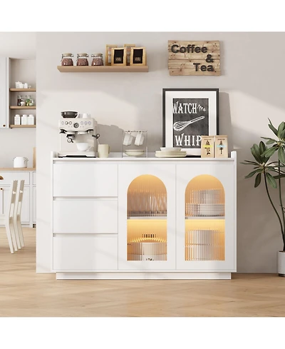 homfan Modern Coffee Bar Cabinet, Buffet Sideboard with 3 Drawers, Glass Doors and 3-Color Led Lights for Kitchen and Dining Room