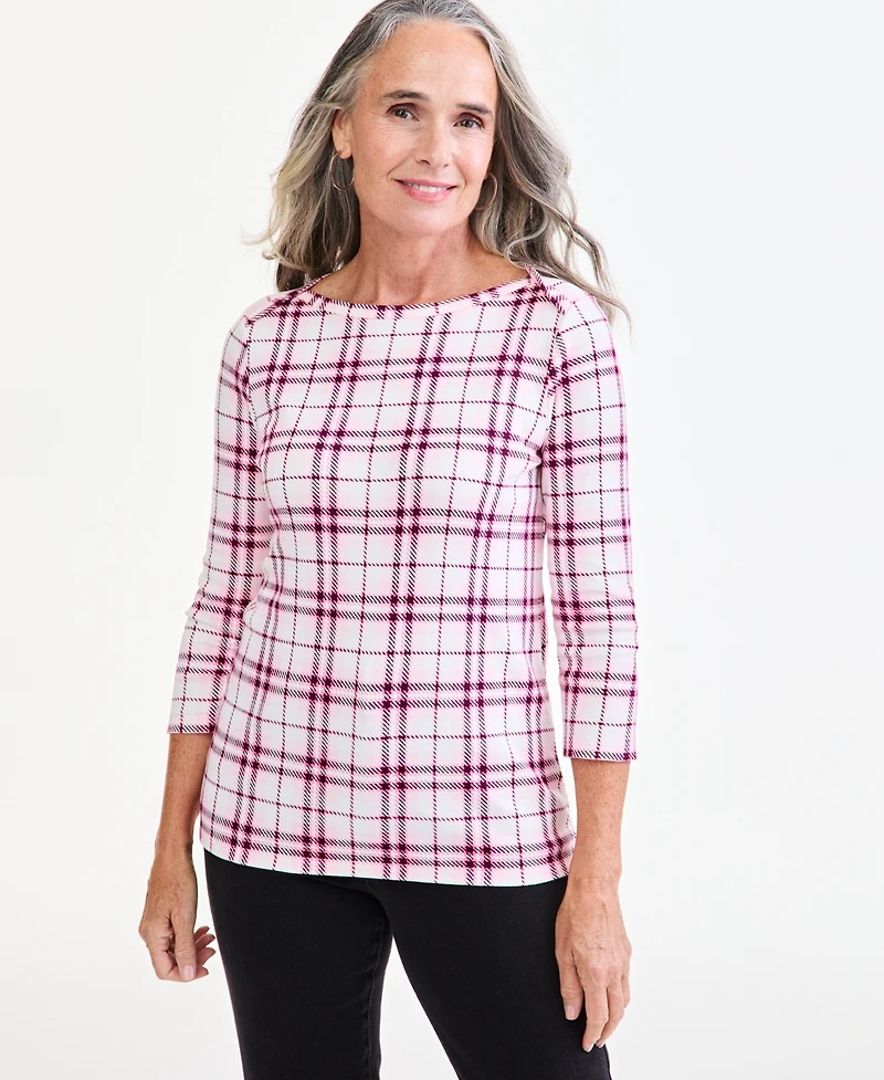 Style & Co Petite Pima Knit Dani Plaid Boat Neck Top, Macy's Exclusive