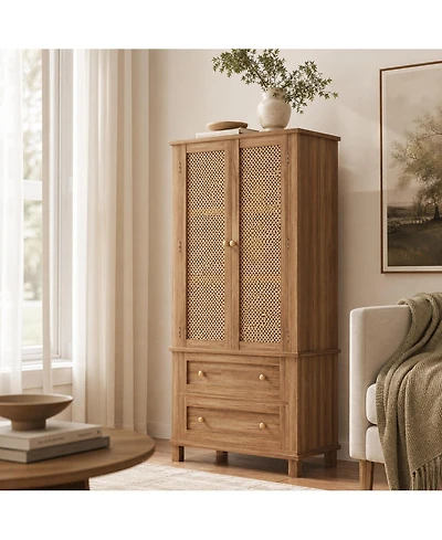 homfan Rattan Food Storage Cabinet with Shelves, Freestanding Pantry Cabinet for Kitchen Dining Room Living Room