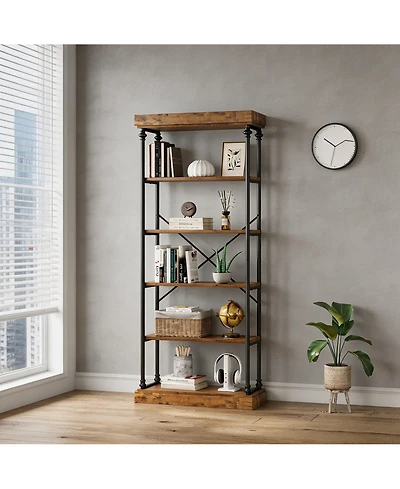 homfan Vintage Roman Column Bookshelf, 6-Tier Mdf and Metal Storage Rack (50 lbs and Shelf), Multi-Functional Easy-Clean Display Stand for Home Office