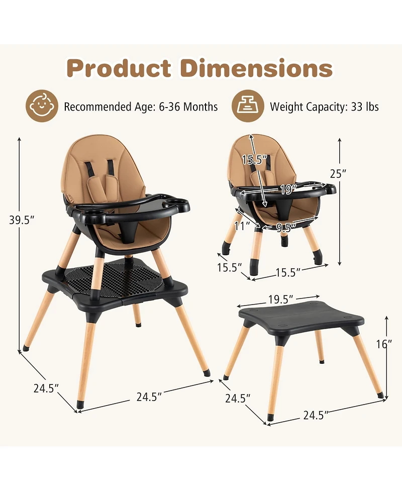 Sugift 6 in 1 High Chair for Babies and Toddlers Ages 6-36 Months-Coffee
