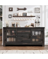 homfan Buffet Sideboard, Accent Storage Cabinet with 2 Glass Doors and 3 Drawers, Coffee Bar Table, Tv Stand for Living Room, Kitchen
