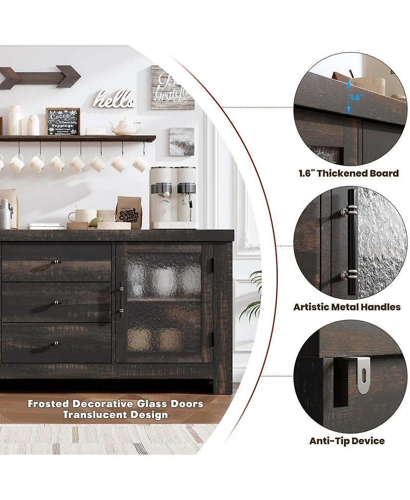 homfan Buffet Sideboard, Accent Storage Cabinet with 2 Glass Doors and 3 Drawers, Coffee Bar Table, Tv Stand for Living Room, Kitchen