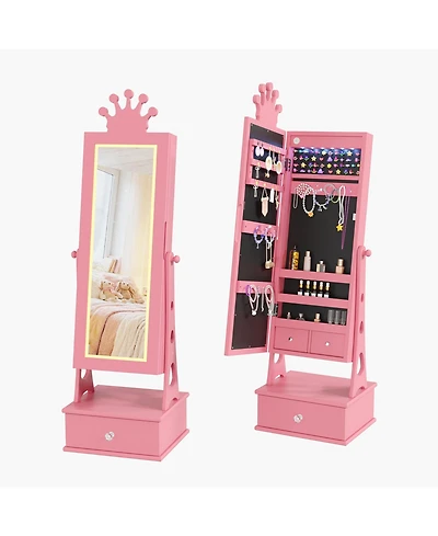 homfan Kids Jewelry Armoire Cabinet, Standing Organizer with Full-Length Mirror, 3 Storage Drawer, Vanity and Dress-Up for Girls