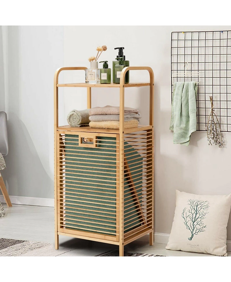 sumyeg Tilt-Out Bamboo Laundry Hamper with 2-Tier Shelf and Removable Liner