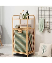 sumyeg Tilt-Out Bamboo Laundry Hamper with 2-Tier Shelf and Removable Liner