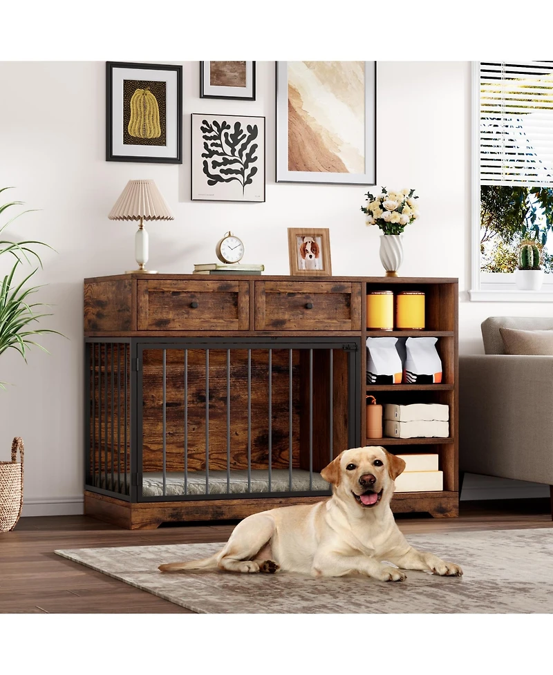 homfan Furniture-Style Dog Crate End Table or Tv Stand, Engineered Wood and Reinforced Iron Bar Pet Cage with Storage, Easy Assembly