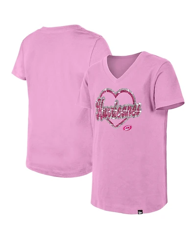 New Era Girl's Big Boys and Girls Pink Carolina Hurricanes Flip Sequin V-Neck T-Shirt