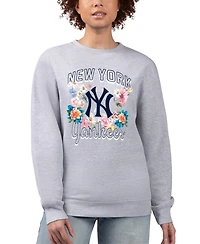 G-iii 4Her by Carl Banks Women's Heather Gray New York Yankees Flowers Graphic Pullover Sweatshirt