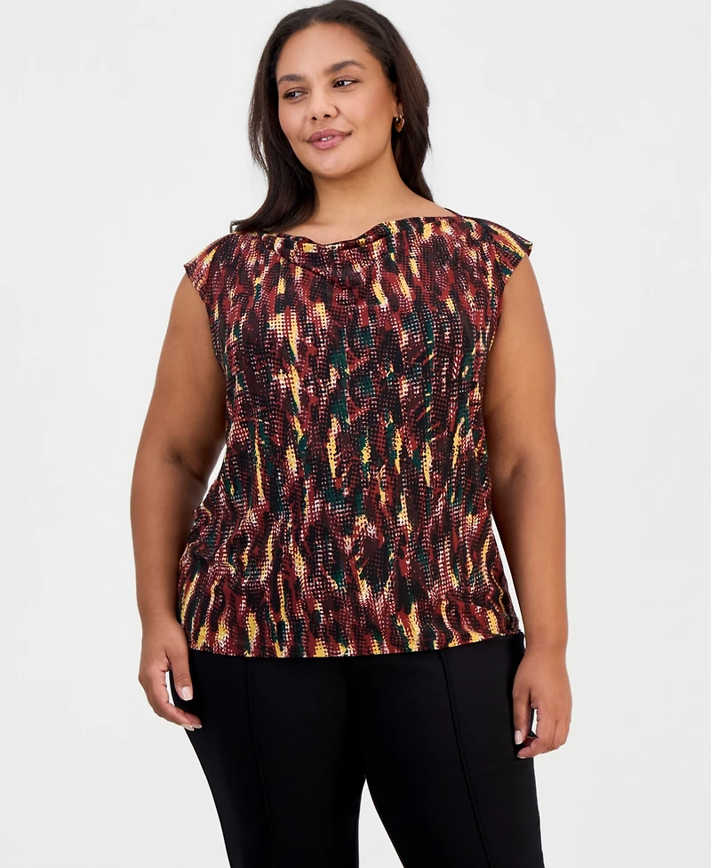 Kasper Plus Cowl Neck Cap Sleeve Draped Front Blouse
