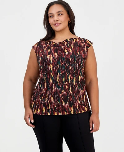 Kasper Plus Cowl Neck Cap Sleeve Draped Front Blouse