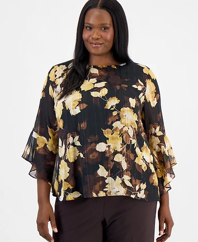 Kasper Plus Floral Ruffled-Sleeve Blouse
