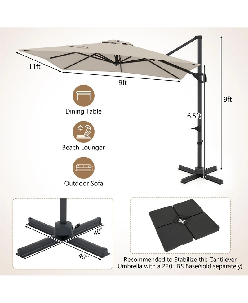 Gouun 11 x 9 Ft Rectangular Cantilever Patio Umbrella with Tilt