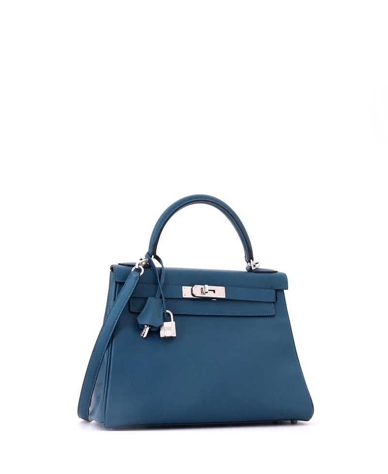 Pre-Owned HERMES Kelly 28 Handbag Blue Epsom with Palladium Hardware