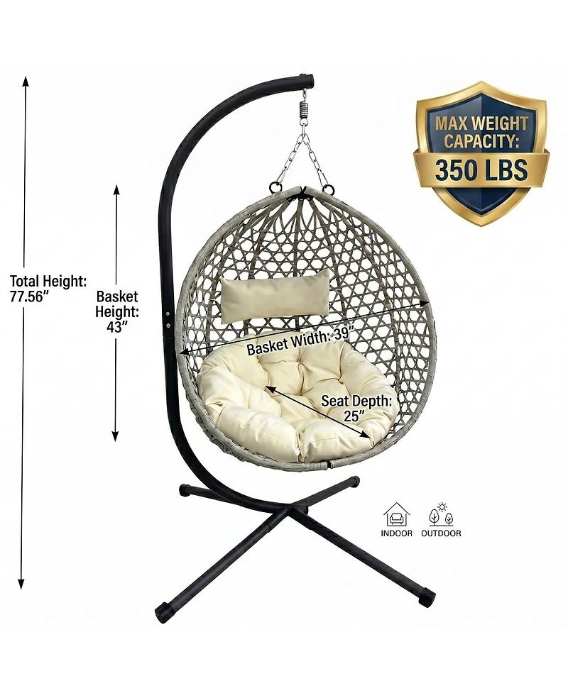 Asagikoiai Folding Pe Rattan Outdoor Hanging Egg Chair with Stand, Patio Hammock Swing