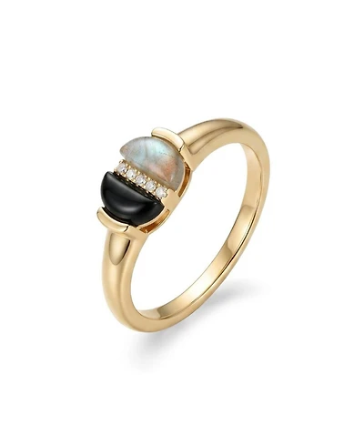 Adornia Fine 14k Gold Plated Labradorite and Onyx Cz Split Ring