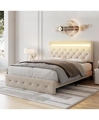 homfan Modern Upholstered Queen Bed Frame with Led Light, Low Profile Platform Bed, Adjustable Button Tufted Headboard and Wood Slat Support