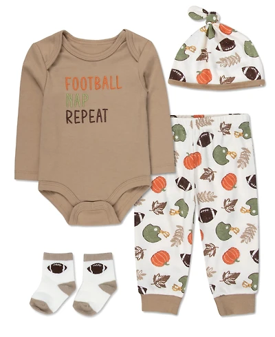 Baby Essentials Boys' Football Nap Repeat Bodysuit, Jogger Pants, Socks and Beanie, 4-Piece Set