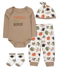 Baby Essentials Boys' Football Nap Repeat Bodysuit, Jogger Pants, Socks and Beanie, 4-Piece Set