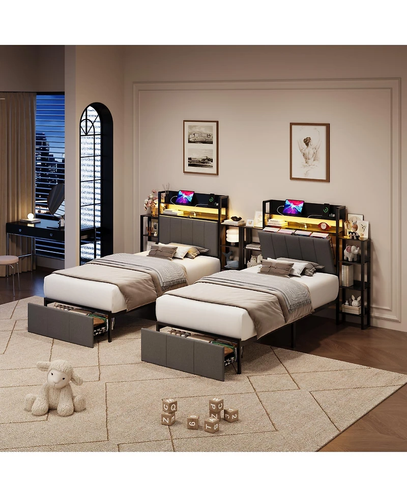 homfan Twin Upholstered Bed Frame with Hidden Headboard Storage, Led Lights, Charging Station, Side Shelves and Footboard Storage