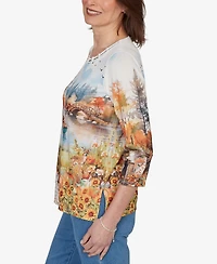 Alfred Dunner Petite Autumn Lake Scenic Print Top
