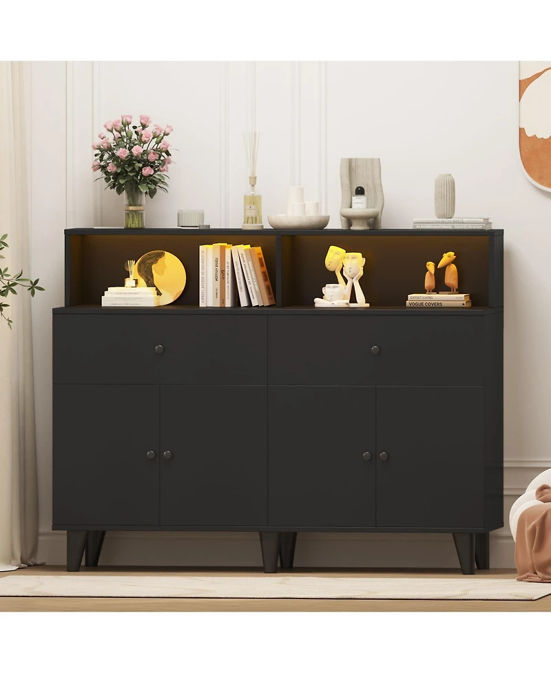 homfan Kitchen Pantry Cabinet with Power Outlets and Led Light Buffet Sideboard Adjustable Shelves for Dining Room Living