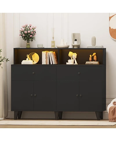 homfan Kitchen Pantry Cabinet with Power Outlets and Led Light Buffet Sideboard Adjustable Shelves for Dining Room Living