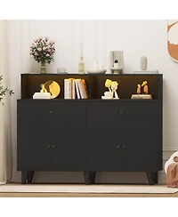 homfan Kitchen Pantry Cabinet with Power Outlets and Led Light Buffet Sideboard Adjustable Shelves for Dining Room Living