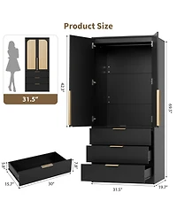 homfan Wooden Wardrobe Armoire, 69 Inch Wood Closet with Rattan Doors and Hanging Rod for Bedroom