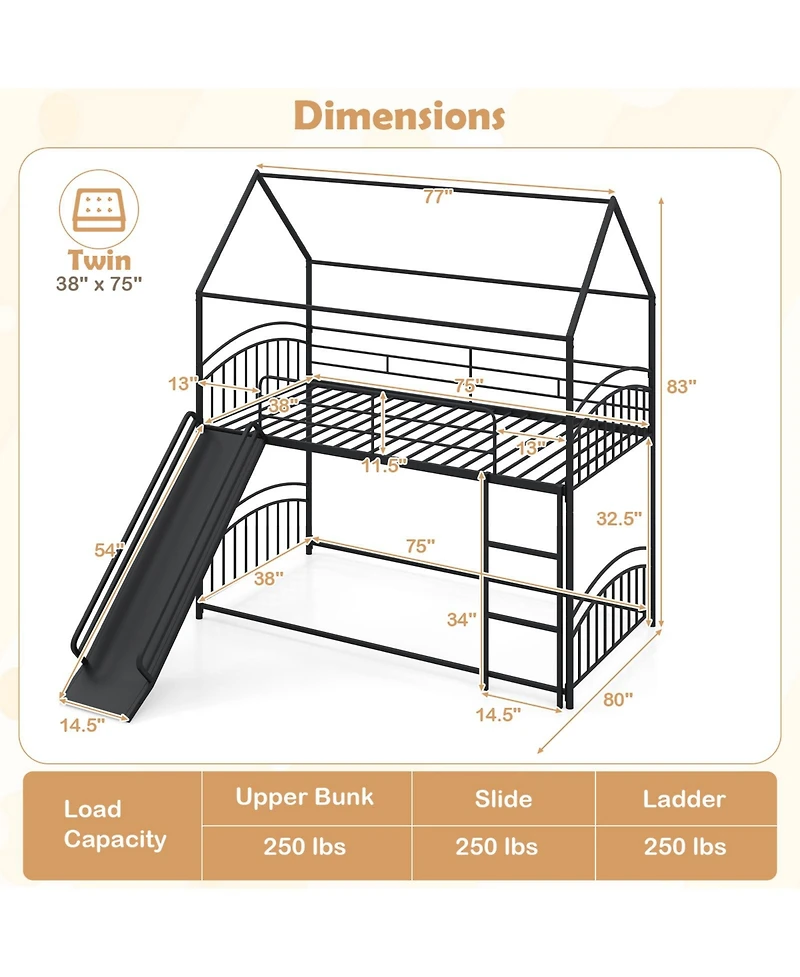 Gymax House Bunk Bed Frame with Metal Slats Reversible Ladder and Slide for Bedroom