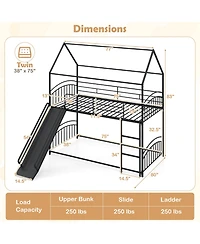 Gymax House Bunk Bed Frame with Metal Slats Reversible Ladder and Slide for Bedroom